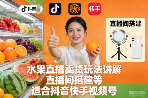 水果直播卖货玩法讲解、直播间搭建等，适合抖音快手视频号-鸿雁学习网
