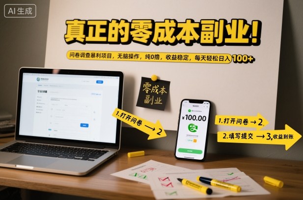真正的零成本副业！问卷调查暴利项目，无脑操作，纯0撸，收益稳定，每天轻松日入100+【揭秘】-鸿雁学习网