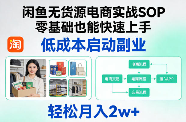 闲鱼无货源电商实战SOP，零基础也能快速上手，低成本启动副业，轻松月入2w+-鸿雁学习网