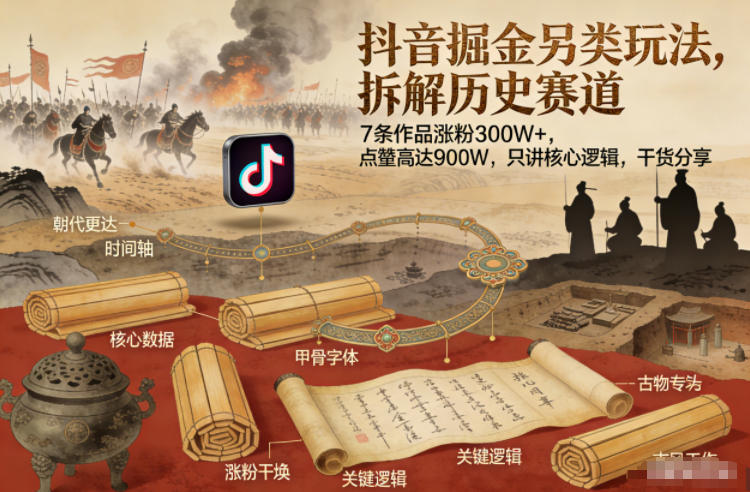 抖音掘金另类玩法，拆解历史赛道，7条作品涨粉300W+，点赞量高达900W，只讲核心逻辑，干货分享-鸿雁学习网