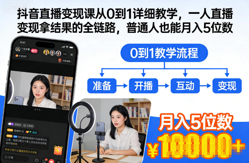 抖音直播变现课从0到1详细教学，一人直播变现拿结果的全链路，普通人也能月入5位数-鸿雁学习网
