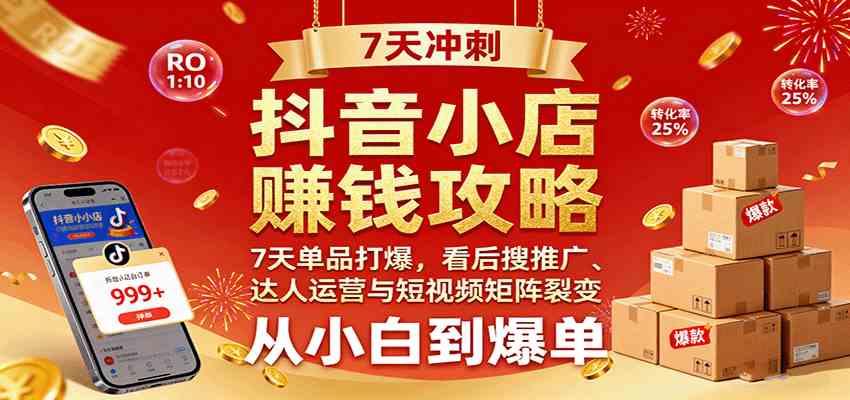 抖音小店赚钱攻略：7天单品打爆技巧，看后搜推广、达人运营与短视频矩阵裂变实战-鸿雁学习网