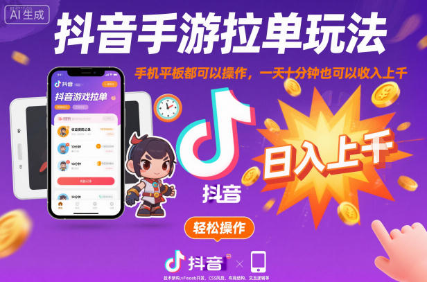 抖音手游拉单玩法，手机平板都可以操作，一天十分钟也可以收入上K【揭秘】-鸿雁学习网