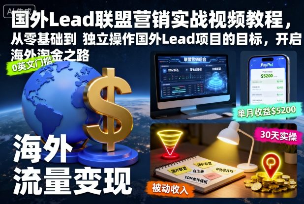 国外Lead联盟营销实战视频教程，从零基础到独立操作国外Lead项目的目标，开启海外淘金之路-鸿雁学习网