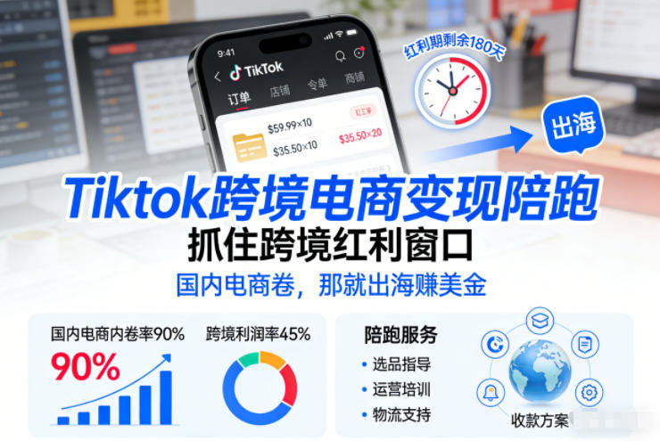 Tiktok跨境电商变现陪跑，抓住跨境红利窗口，国内电商卷，那就出海賺美金-鸿雁学习网