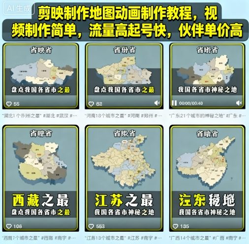 剪映制作地图动画制作教程，视频制作简单，流量高起号快，伙伴单价高-鸿雁学习网