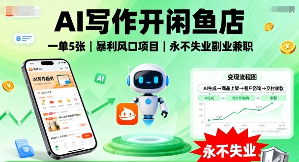 AI写作开闲鱼店，一单5张，暴利风口项目，永不失业副业兼职【全网首发】-鸿雁学习网