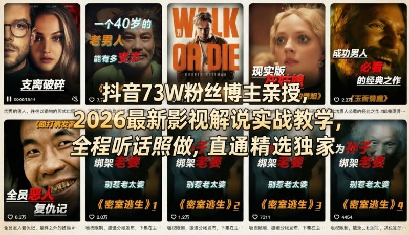 抖音73W粉丝博主亲授，2026最新影视解说实战教学，全程听话照做，直通精选独家-鸿雁学习网