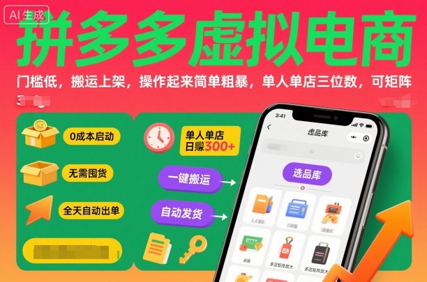 拼多多虚拟电商，门槛低，搬运上架，操作起来简单粗暴，单人单店三位数，可矩阵-鸿雁学习网