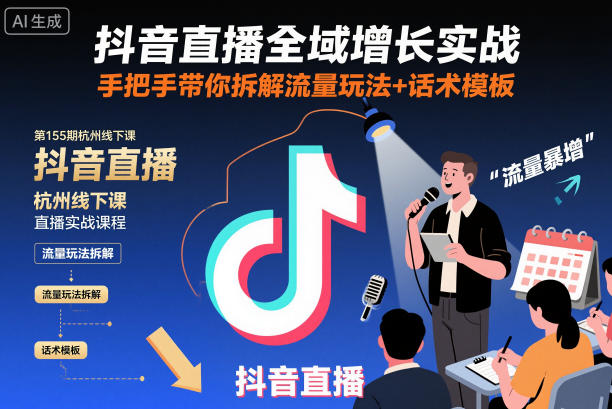 抖音直播全域增长实战第155期杭州线下课，手把手带你拆解流量玩法+话术模板-鸿雁学习网