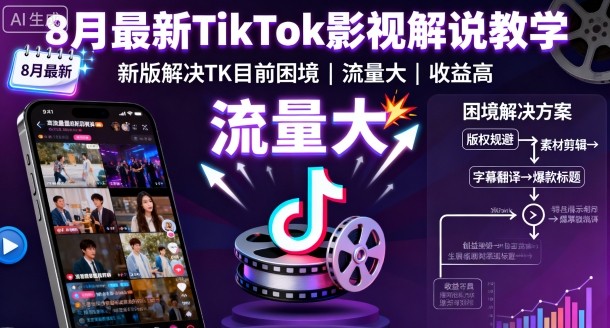 8月最新TikTok影视解说教学，新版解决TK目前困境，流量大，收益高-鸿雁学习网