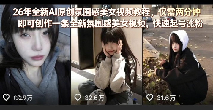 26年全新AI原创氛围感美女视频教程，仅需两分钟即可创作一条全新氛围感美女视频，快速起号涨粉-鸿雁学习网