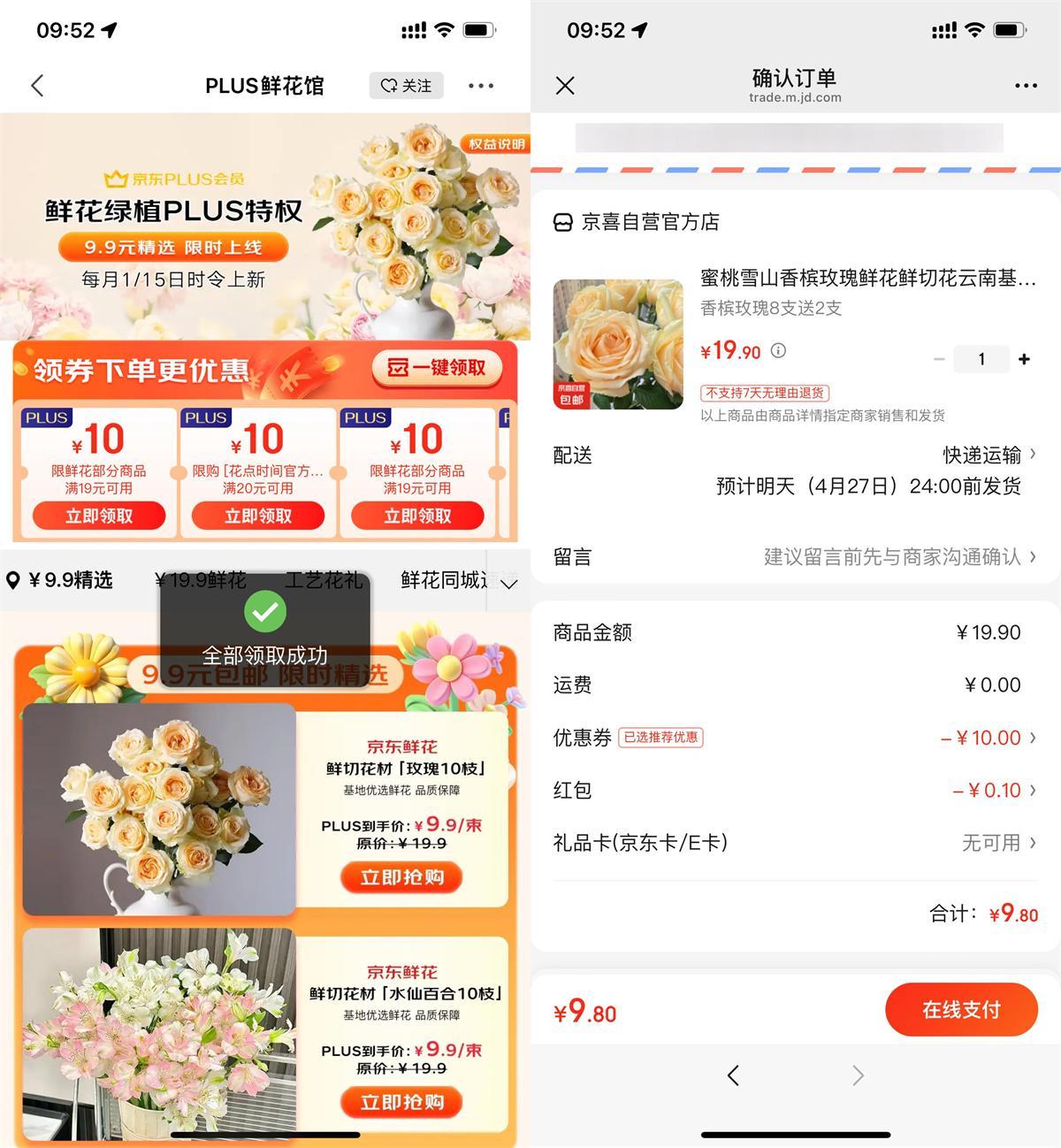 京东PLUS领券9.9亓买鲜花-鸿雁学习网