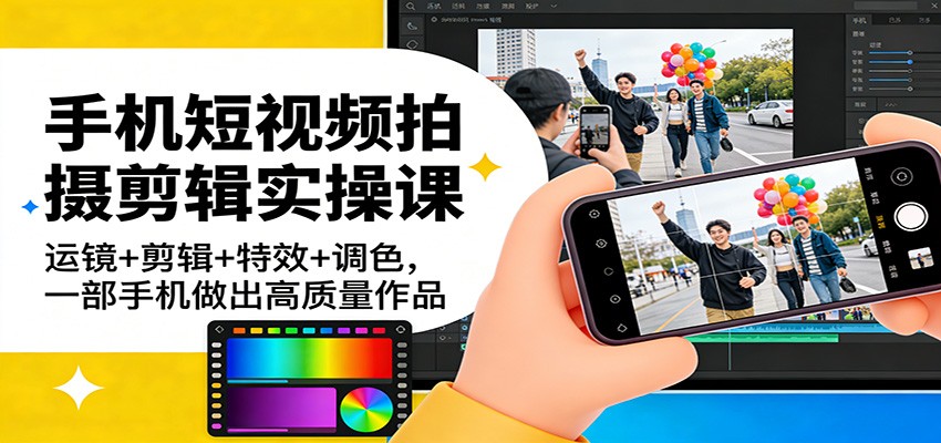 手机短视频拍摄剪辑实操课：运镜+剪辑+特效+调色，一部手机做出高质量作品-鸿雁学习网