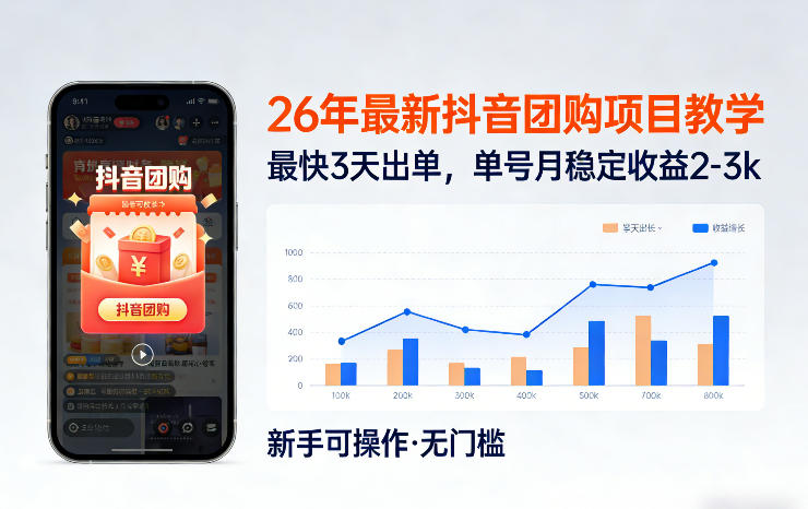 26年最新抖音团购项目教学，0门槛，最快3天出单，单号月稳定收益2-3k(更新3月11日)-鸿雁学习网