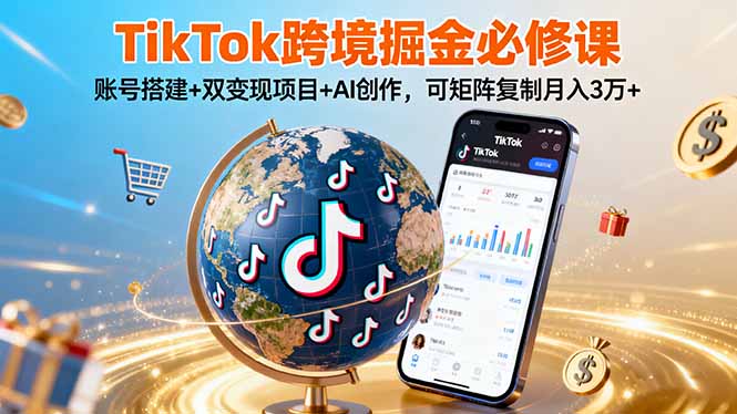 TikTo跨境掘金必修课，账号搭建+双变现项目+AI创作，可矩阵复制月入3万+-鸿雁学习网