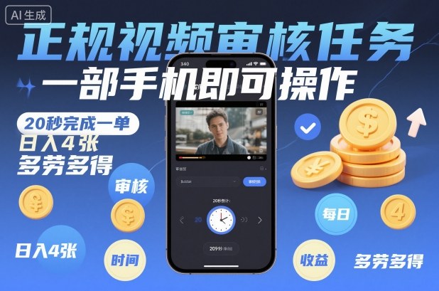 正规视频审核任务，一部手机即可操作，20秒完成一单，日入4张，多劳多得【揭秘】-鸿雁学习网