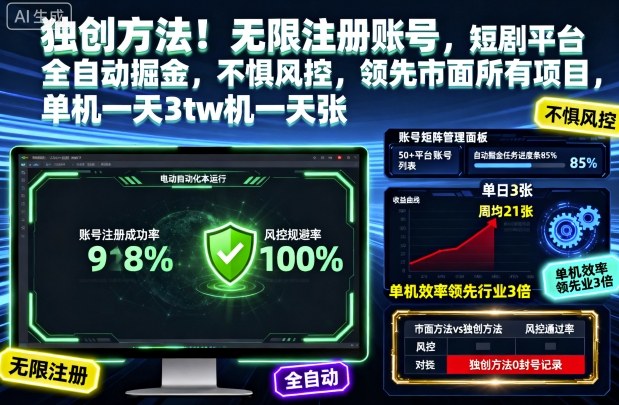 独创方法！无限注册账号，短剧平台全自动掘金，不惧风控，领先市面所有项目，单机一天3张【揭秘】-鸿雁学习网