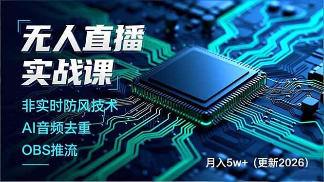 （17113期）无人直播实战课，非实时防风技术、AI音频去重、OBS推流，建立技术壁垒，月入5w+（更新2026）-鸿雁学习网