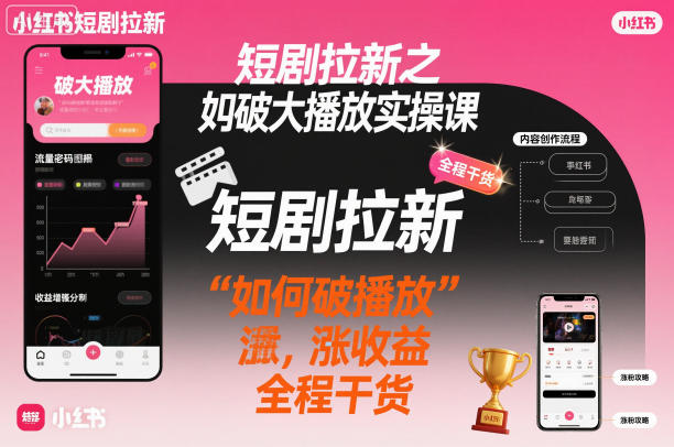 短剧拉新之小红书如何破大播放实操课，如何破播放，涨收益，全程干货-鸿雁学习网