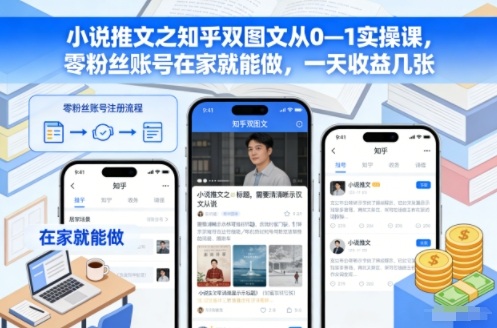 小说推文之知乎双图文从0—1实操课，零粉丝账号在家就能做，一天收益几张-鸿雁学习网