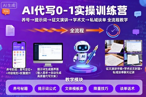 AI代写0-1实操训练营，从养号、提示词、征文演讲、学术文，到私域谈单的全流程教学-鸿雁学习网