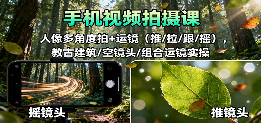 手机视频拍摄课：人像多角度拍+运镜(推/拉/跟/摇)，古建筑/空镜头/组合运镜实操-鸿雁学习网