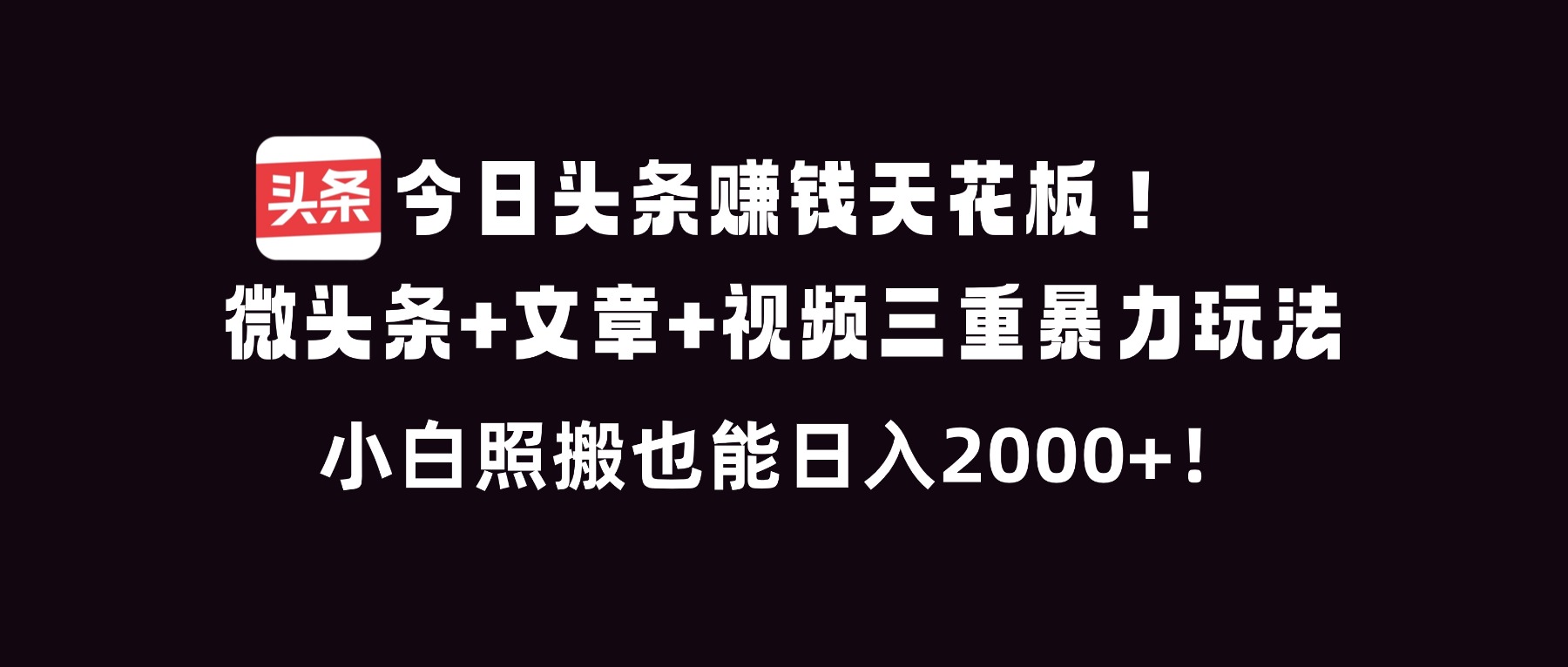 今日头条赚钱天花板！微头条+文章+视频三重暴利玩法，小白照搬也能日人2000+-鸿雁学习网