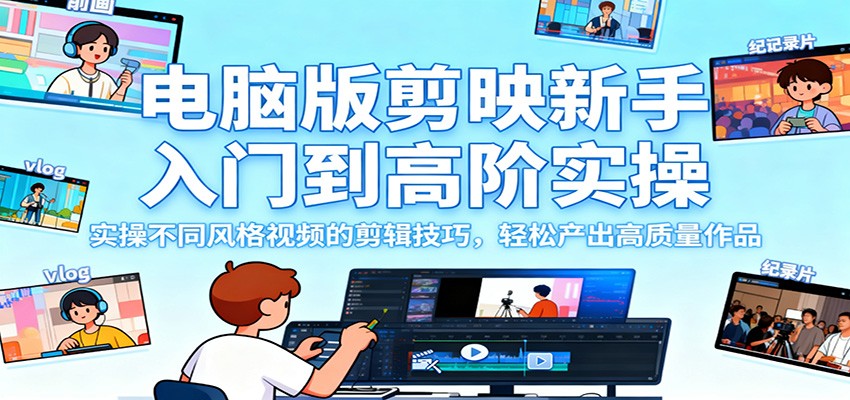 电脑版剪映新手入门到高阶实操，实操不同风格视频的剪辑技巧，轻松产出高质量作品-鸿雁学习网