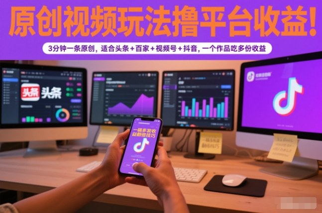 原创视频玩法撸平台收益，3分钟一条原创，适合头条+百家+视频号+抖音，一个作品吃多份收益-鸿雁学习网