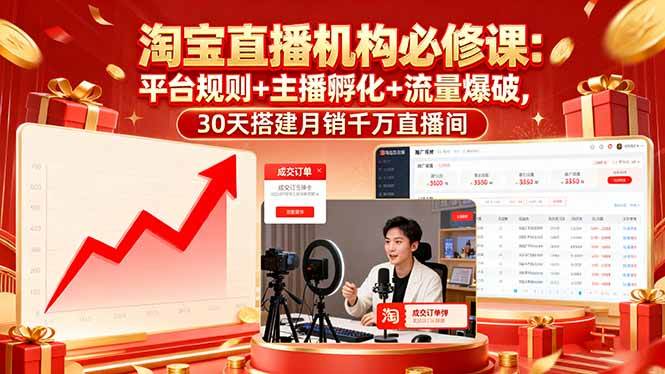 （16087期）淘宝直播机构必修课：平台规则/主播孵化/流量爆破,30天搭建月销千万直播间-鸿雁学习网