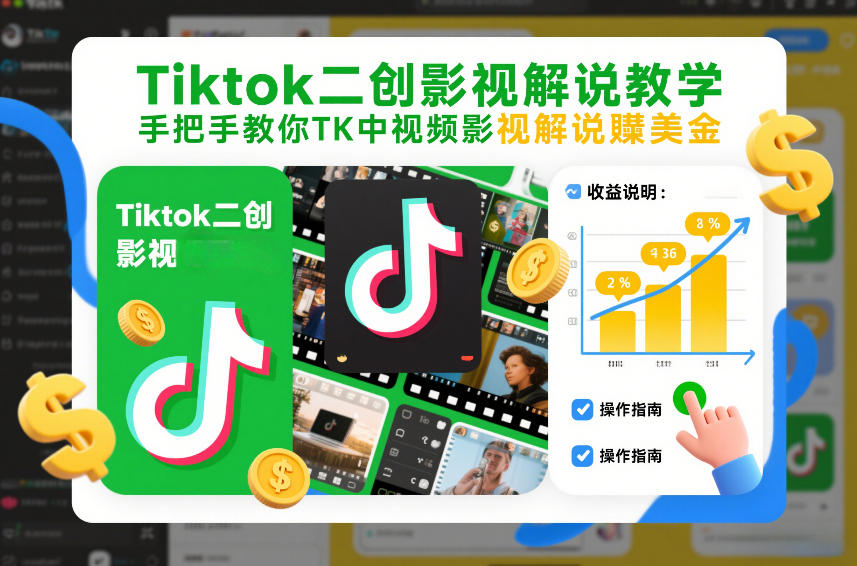 Tiktok二创影视解说教学，手把手教你TK中视频影视解说賺美金（更新26年1月）-鸿雁学习网