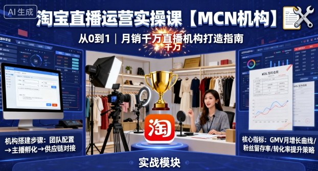 淘宝直播运营实操课【MCN机构】，从0到1做一家月销千W的直播机构-鸿雁学习网