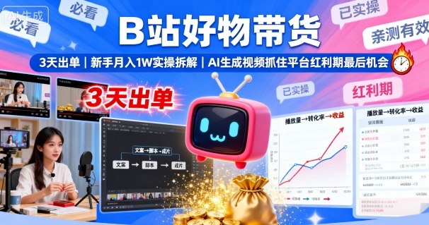 B站好物带货，3天出单，新手月入1W实操拆解，AI生成视频，抓住平台红利期最后机会-鸿雁学习网