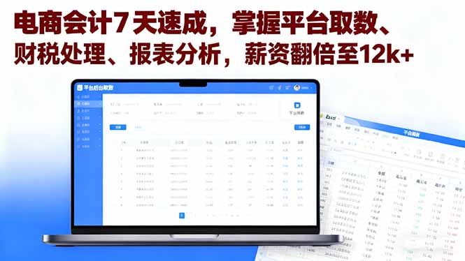 电商会计7天速成，掌握平台取数、财税处理、报表分析，薪资翻倍至12k+-鸿雁学习网
