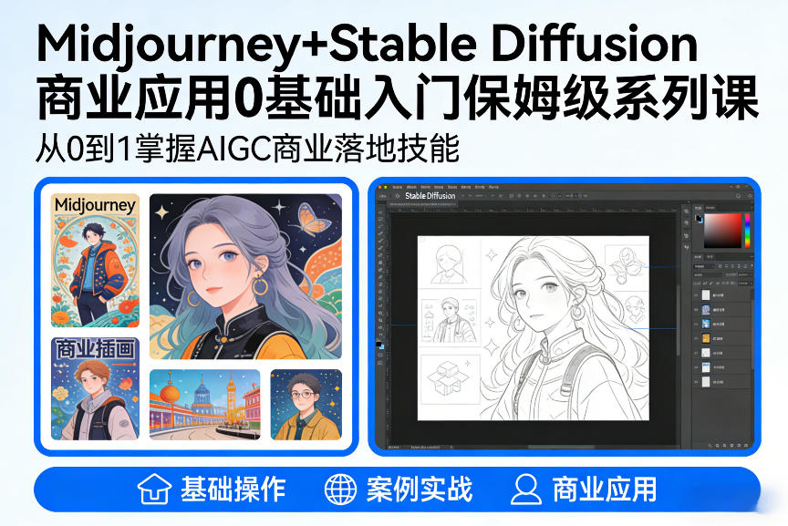 AIGC商业应用Midjourney+Stable Diffusion教程，0基础入门保姆级系列课-鸿雁学习网