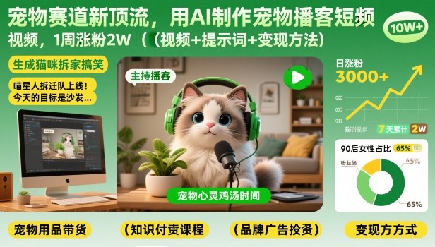 宠物赛道新顶流，用AI制作宠物播客短视频，1周涨粉2W（视频+提示词+变现方法）-鸿雁学习网