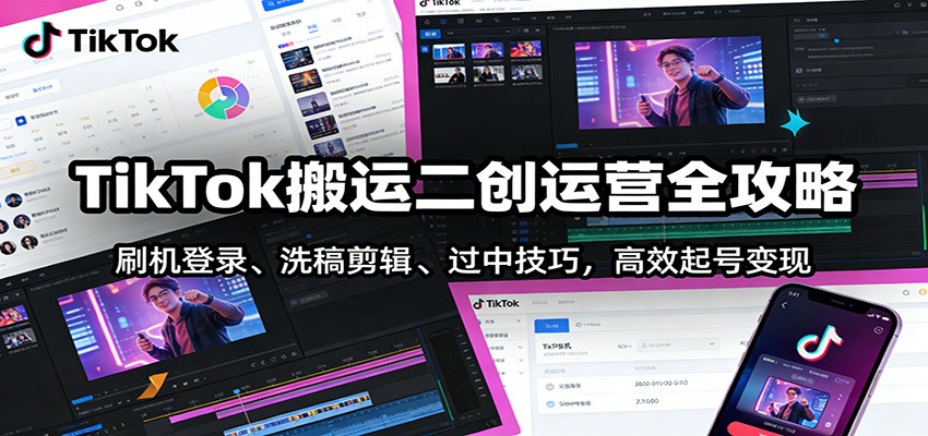 TikTok搬运二创运营全攻略：刷机登录、洗稿剪辑 、过中技巧，高效起号变现-鸿雁学习网