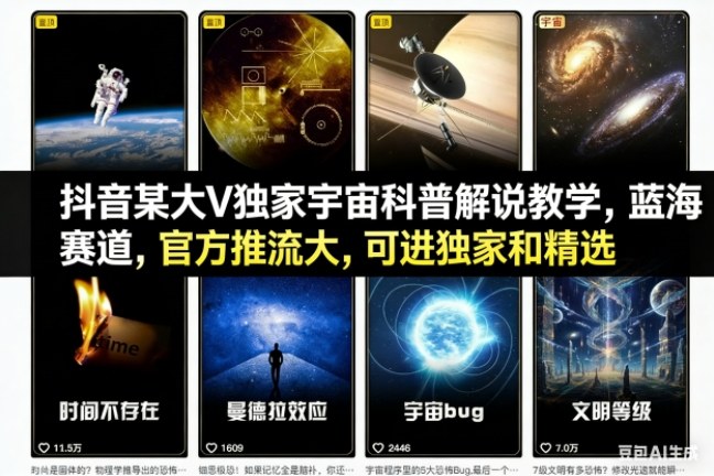 抖音某大V独家宇宙科普解说教学，蓝海赛道，官方推流大，可进独家和精选-鸿雁学习网