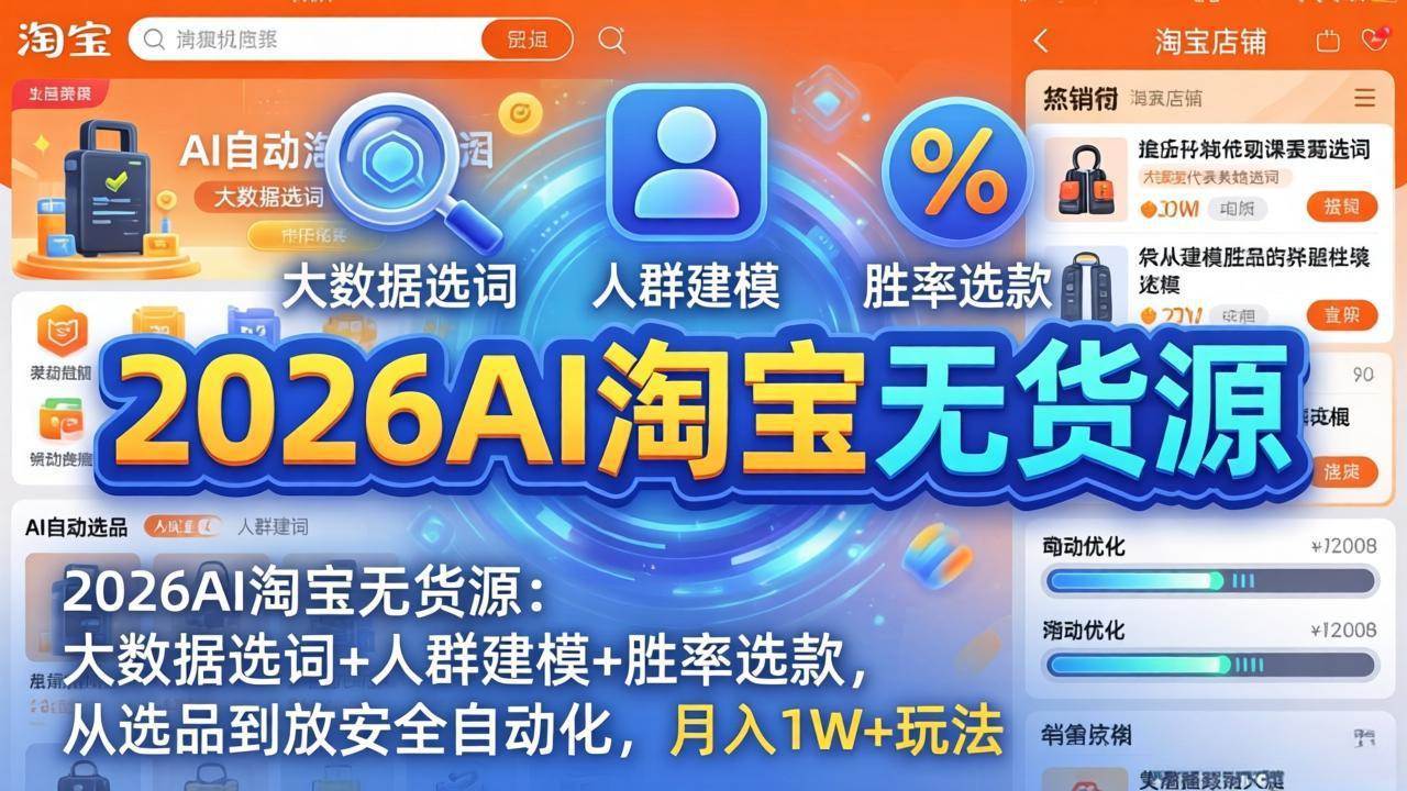（17812期）2026AI淘宝无货源：大数据选词+人群建模+胜率选款，从选品到放大全自动化，月入1W+玩法-鸿雁学习网