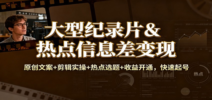 大型纪录片&热点信息差变现：原创文案+剪辑实操+热点选题+收益开通，快速起号-鸿雁学习网