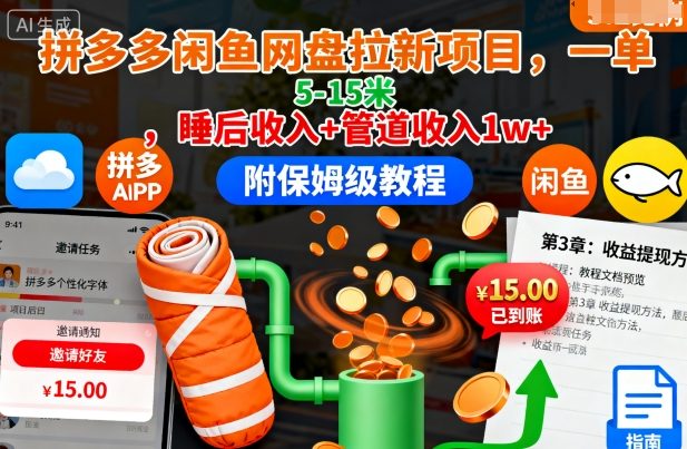 拼多多闲鱼网盘拉新项目，一单5-15米，睡后收入+管道收入1w+(附保姆级教程)-鸿雁学习网