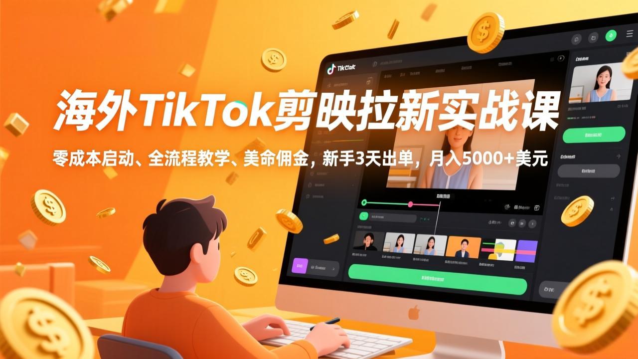 海外TikTok剪映拉新实战课，零成本启动、全流程教学、美金佣金，新手3天出单，月入5000+美元-鸿雁学习网