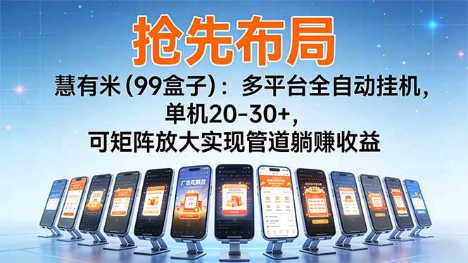 （16757期）【抢先布局】慧有米（99盒子）：多平台全自动挂机，单机20-30+，可矩阵放大实现管道躺赚收益-鸿雁学习网