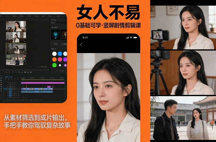 0基础可学！《女人不易》竖屏剧情剪辑课，从素材筛选到成片输出，手把手教你驾驭复杂故事-鸿雁学习网