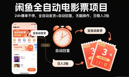 闲鱼全自动电影票项目，24h爆单不停，全自动发货+自动回复，无脑操作，日稳入3张【揭秘】-鸿雁学习网