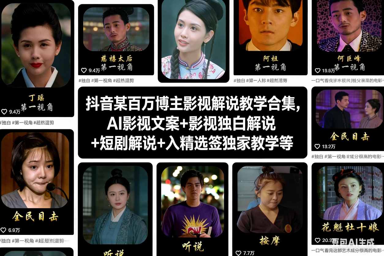 抖音某百万博主影视解说教学合集，AI影视文案+影视独白解说+短剧解说+入精选签独家教学等-鸿雁学习网