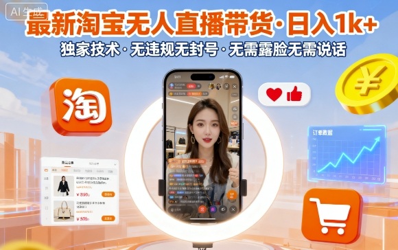 最新淘宝无人直播带货，日入1k+，独家技术，无违规无封号，无需露脸无需说话【揭秘】-鸿雁学习网