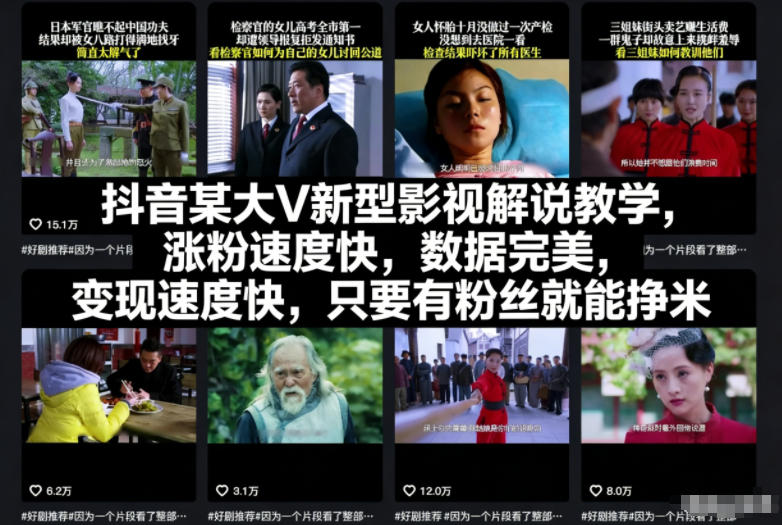 抖音某大V新型影视解说教学，涨粉速度快，数据完美，变现速度快，只要有粉丝就能挣米-鸿雁学习网