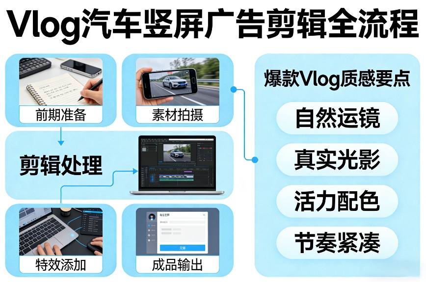 Vlog感觉汽车竖屏广告剪辑脚本全流程，拿捏爆款Vlog质感-鸿雁学习网